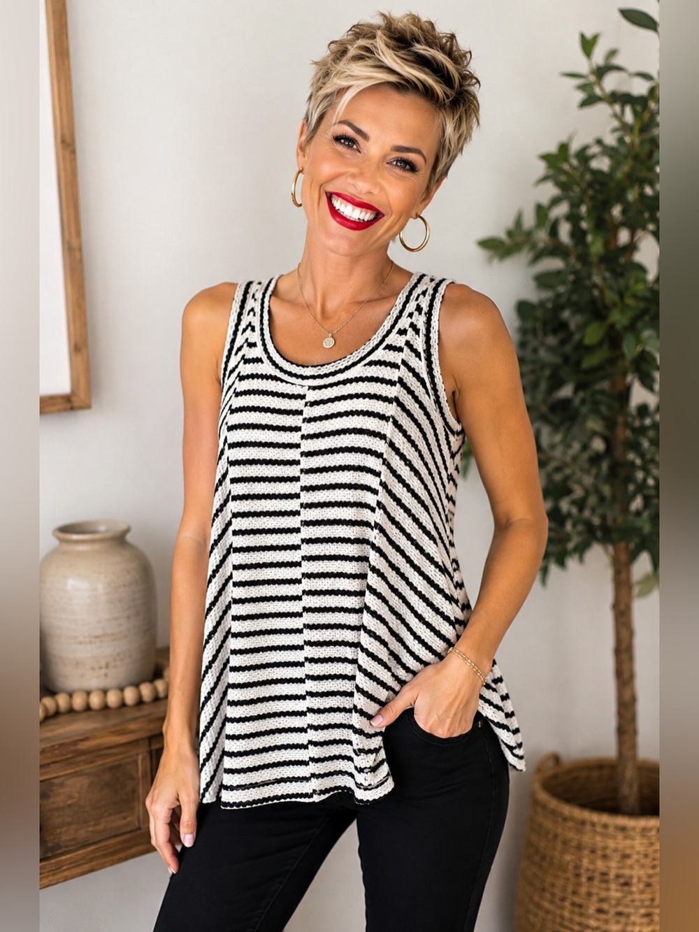 Cato Black White Striped Sleeveless Swing Top Size M